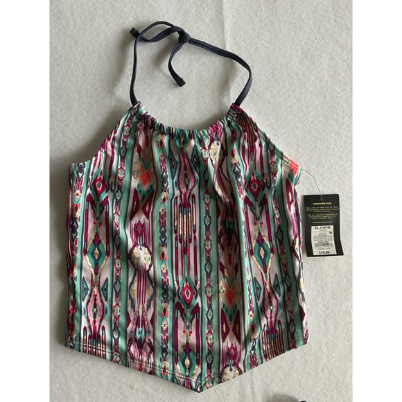 Art Class Girls' Two Piece Gray Teal Gold Stripe Tankini Top & Bottom XL 10/16 - Picture 2 of 7